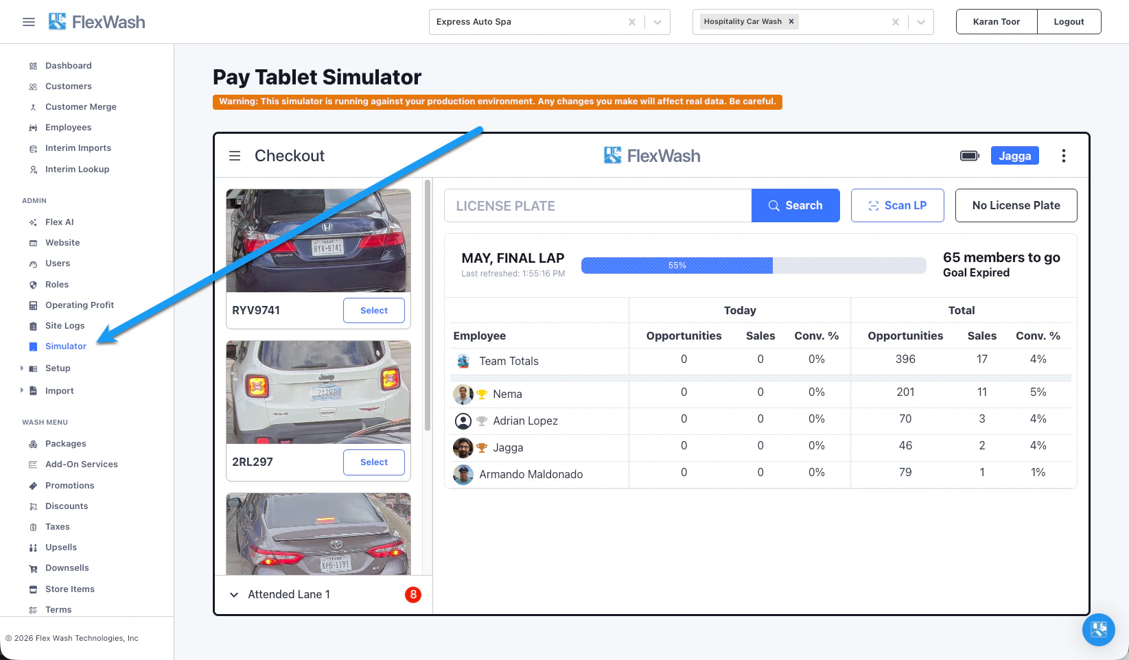 The Simulator link in the Admin section of the FlexWash navigation