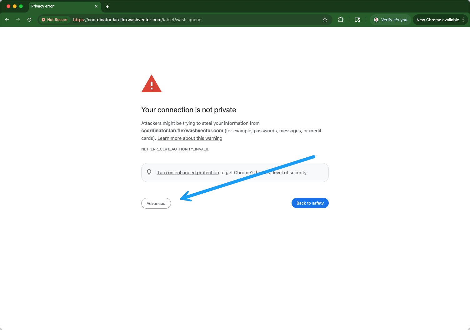 Connection not private warning with the Advanced option