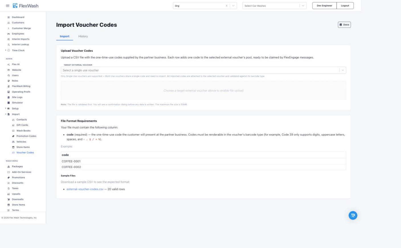 Import Voucher Codes page