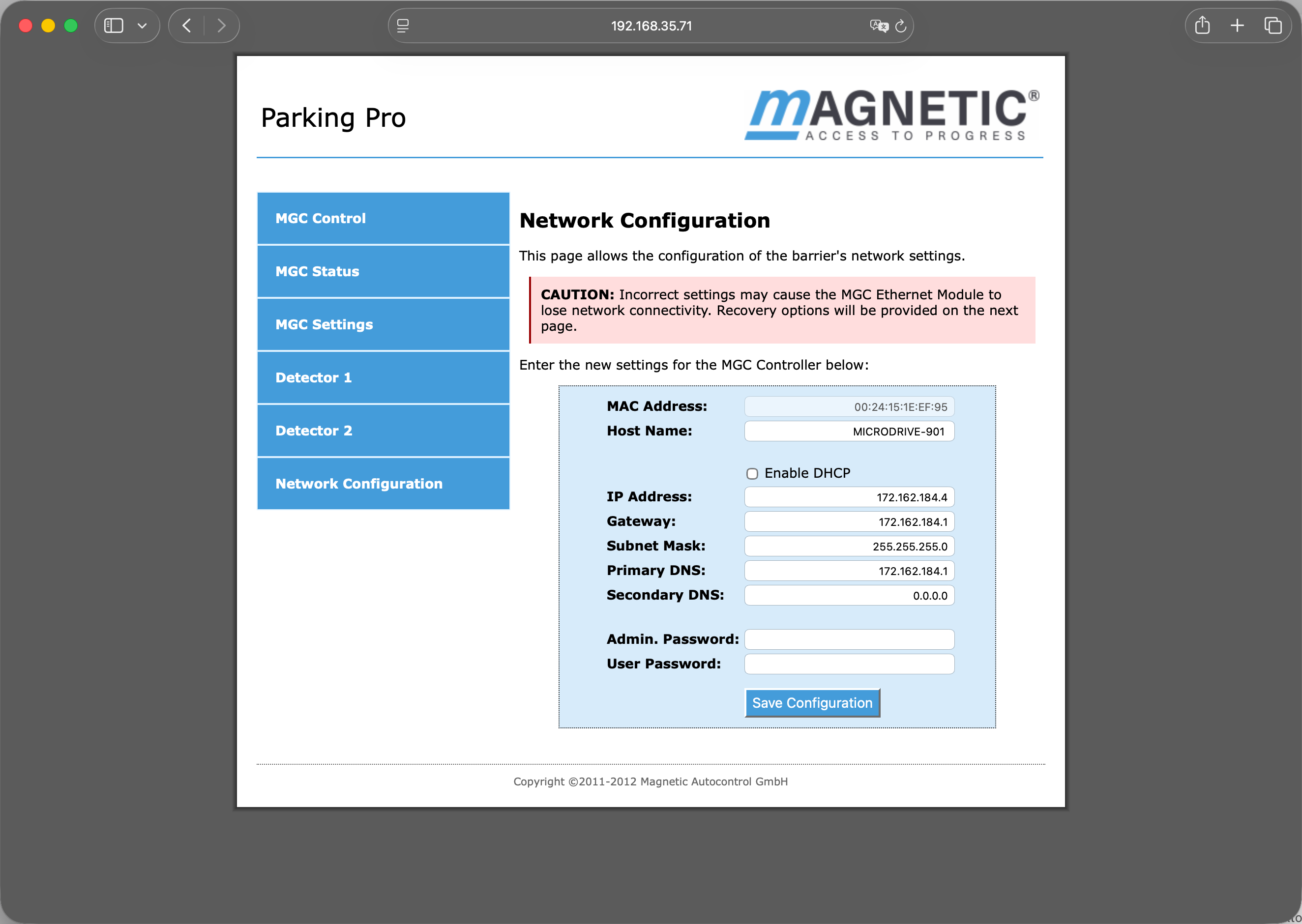 Network Configuration page with the new static settings