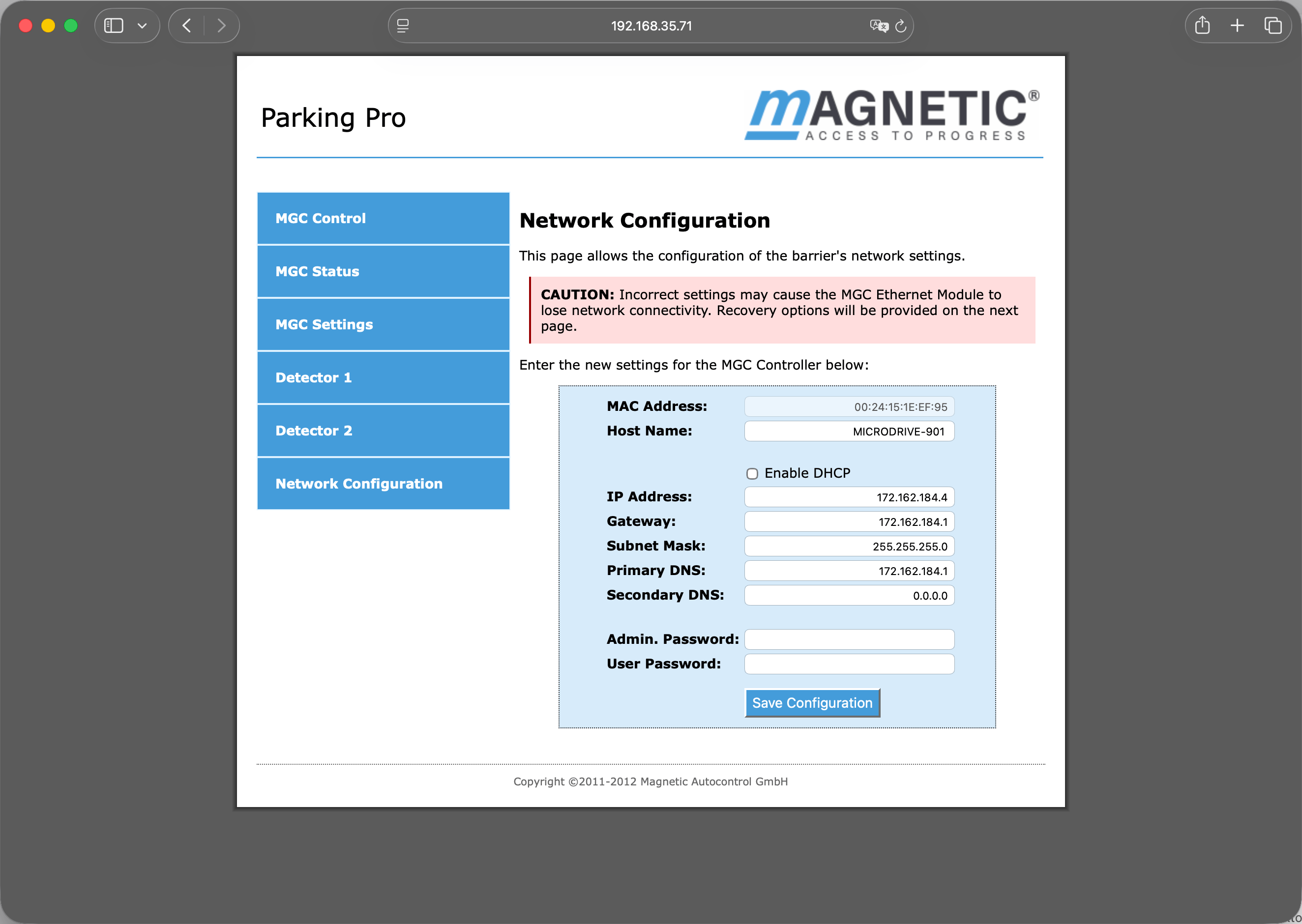 Network Configuration page with the new static settings