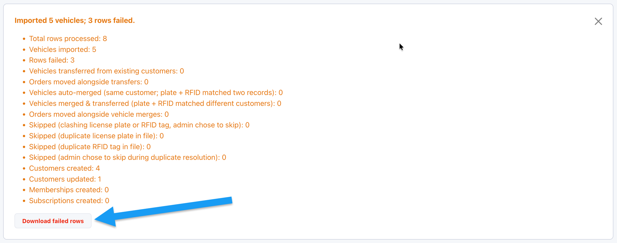Import summary reporting failed rows, with the Download failed rows button