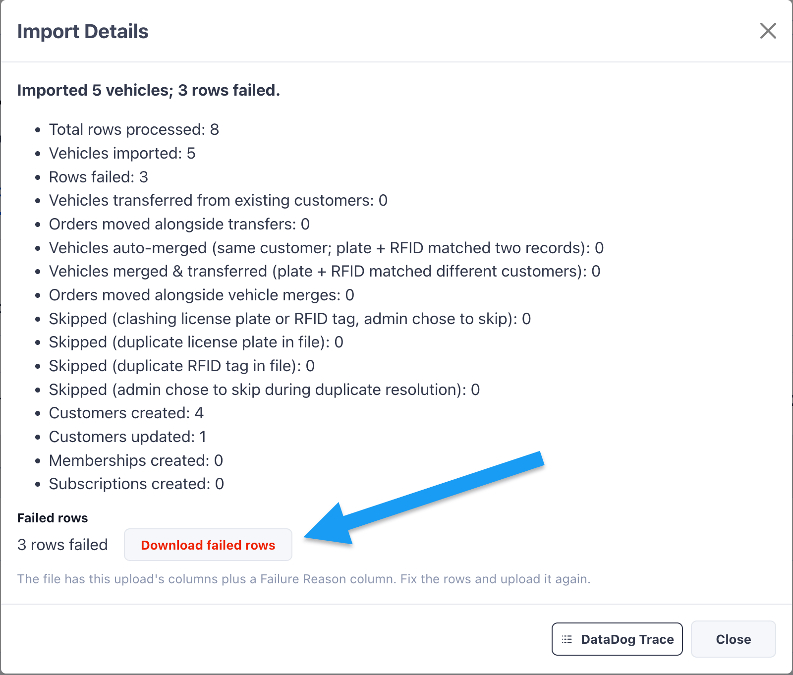 Import Details modal with the Failed rows section and Download failed rows button