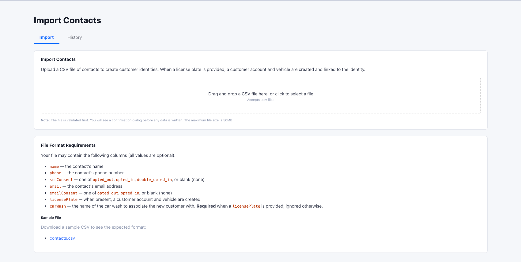 Import Contacts page with the contact import and File Format Requirements
