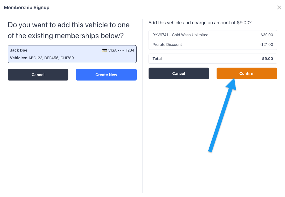 Prorated charge summary with Confirm button