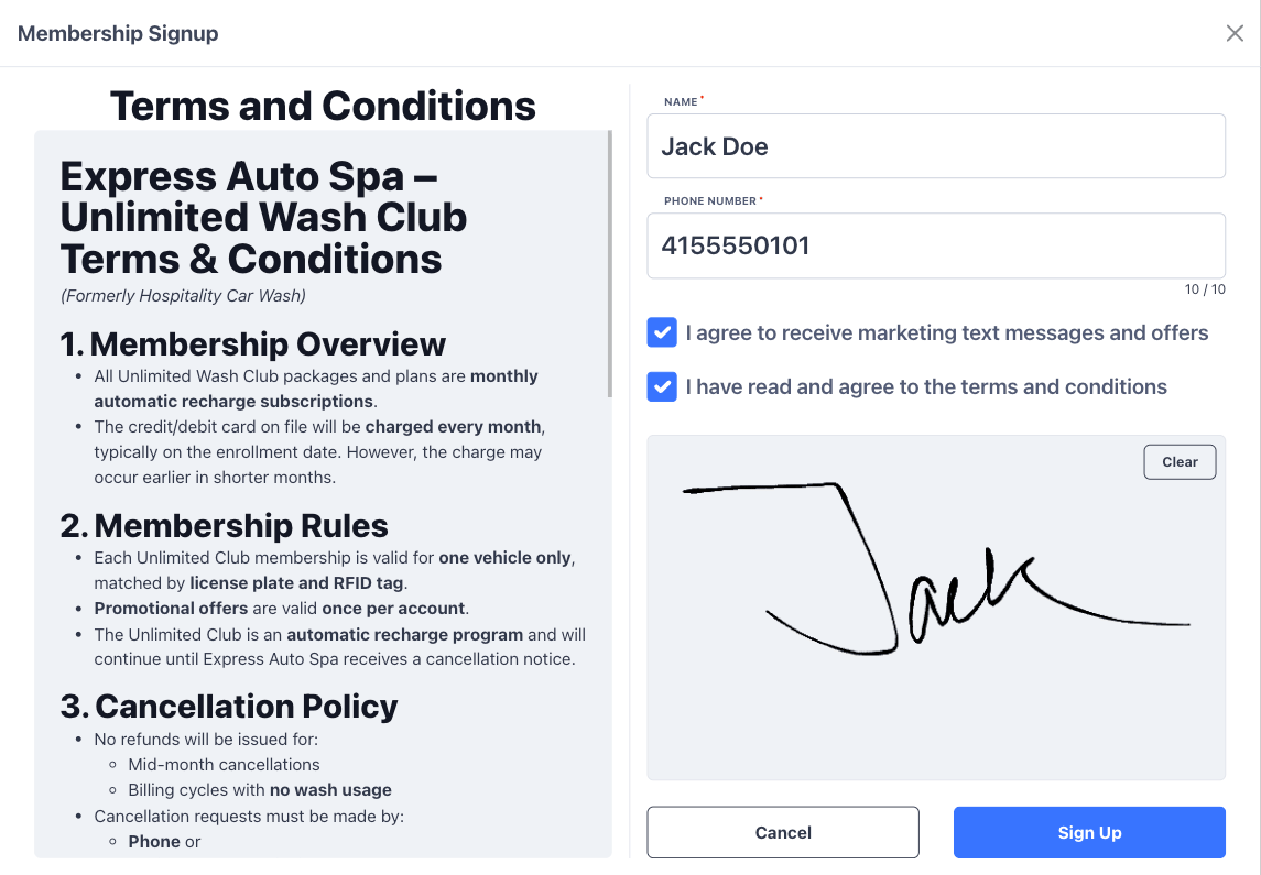 Membership signup form with name, phone number, terms, and signature