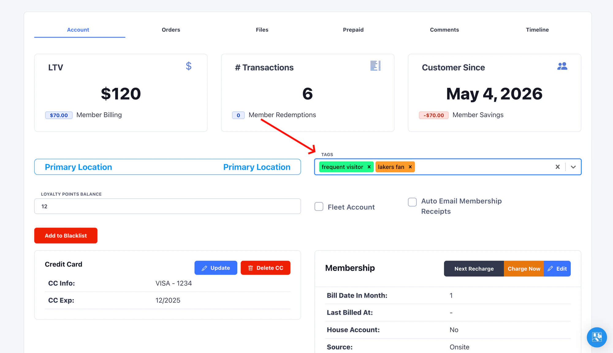 Tags field on the customer profile