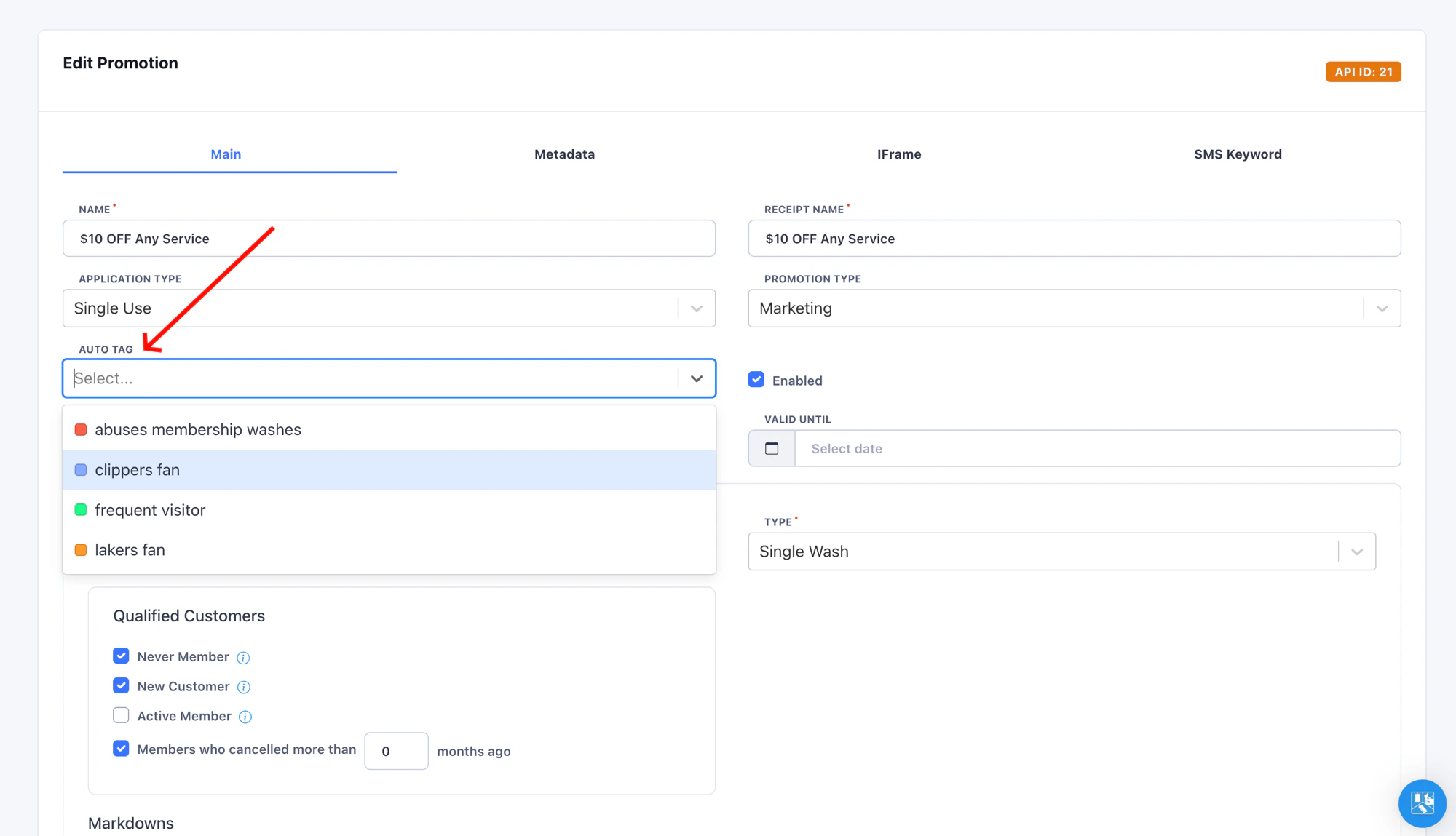 Auto Tag picker on the promotion detail page