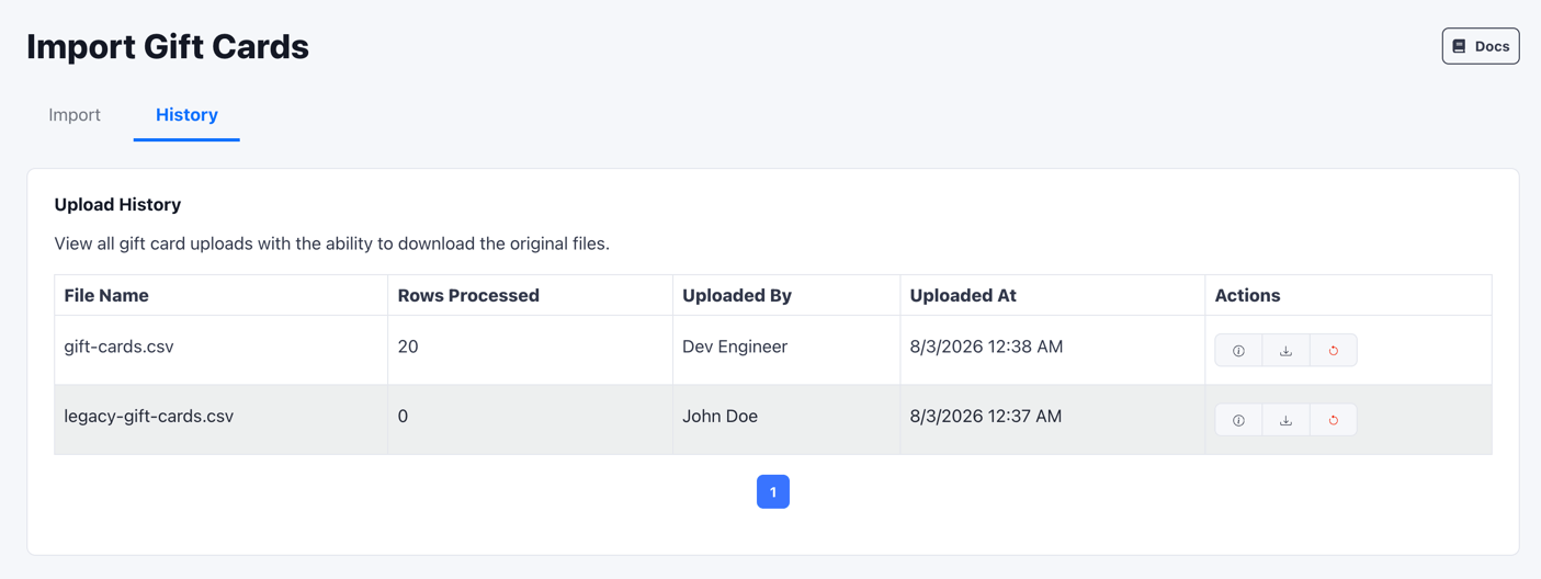 Upload history table on the Gift Cards importer