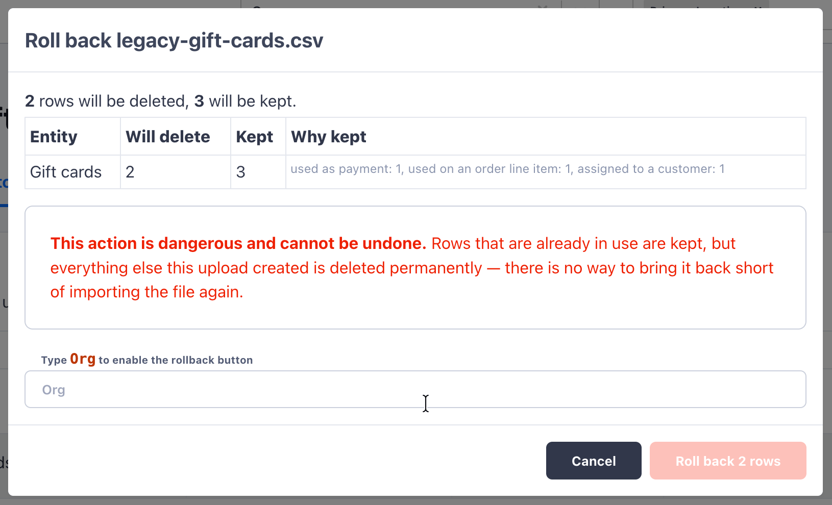 Rollback confirmation modal showing rows to delete and rows kept