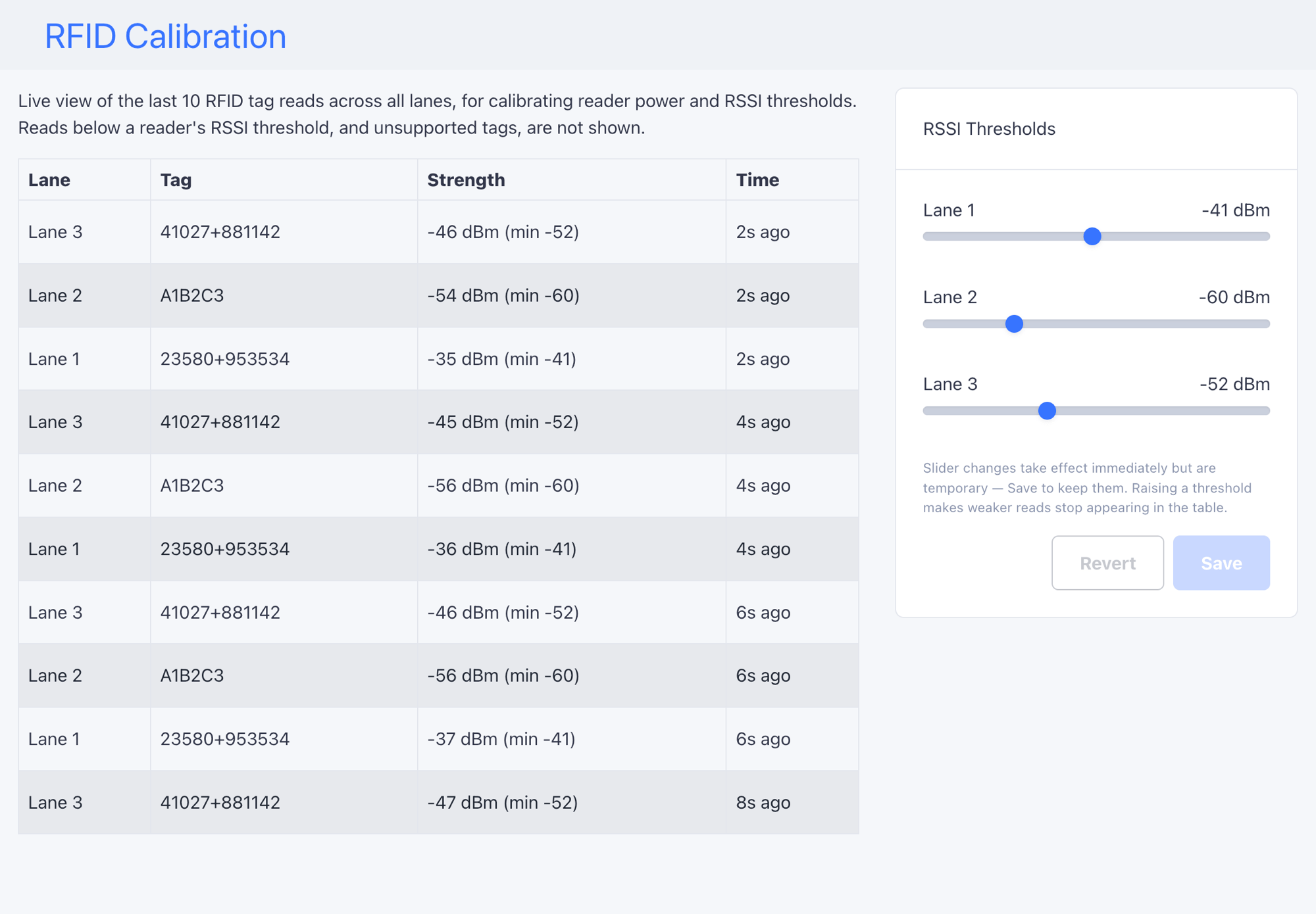 The RFID Calibration page