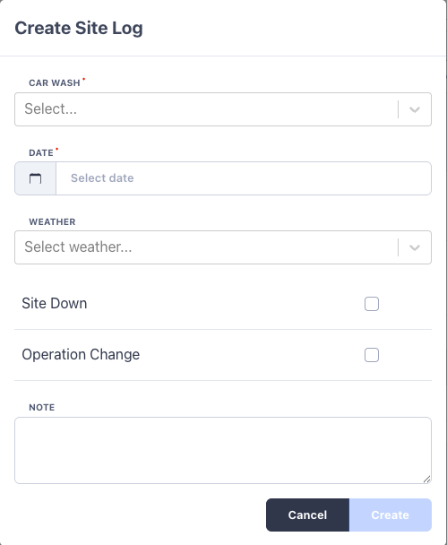 The Create Site Log form