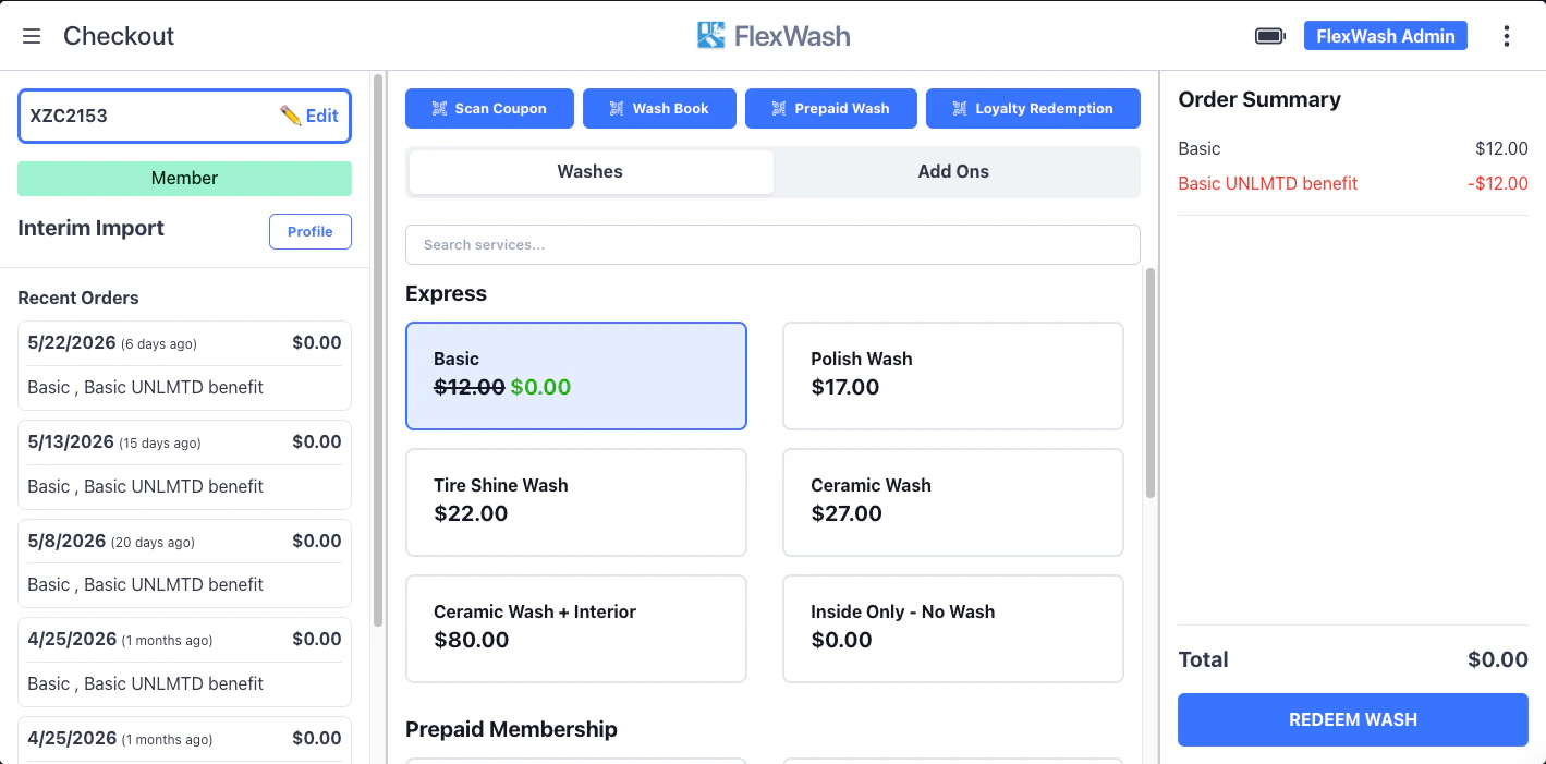 Pay tablet checkout showing an Interim Import member