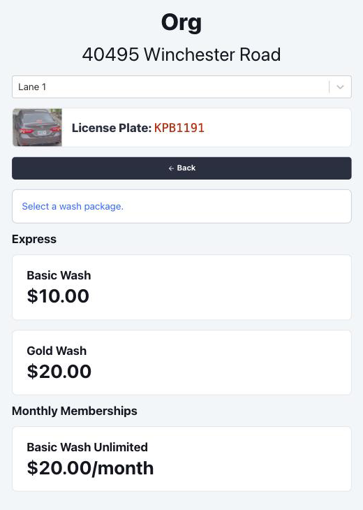 Wash packages and monthly memberships for the chosen vehicle