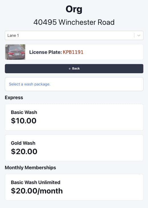 Wash packages and monthly memberships for the chosen vehicle