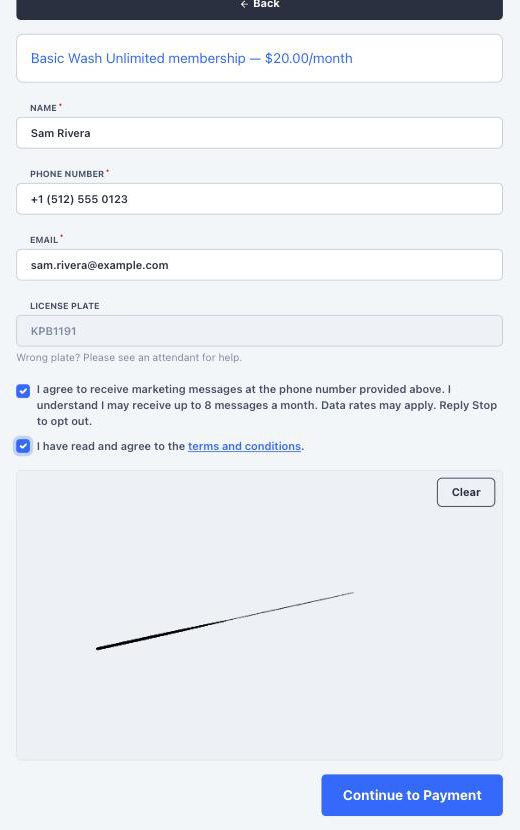 Membership signup form with signature pad