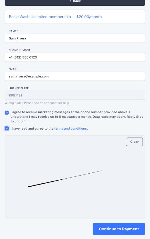 Membership signup form with signature pad