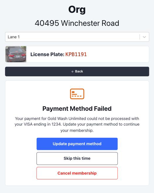 Payment Method Failed prompt with three options