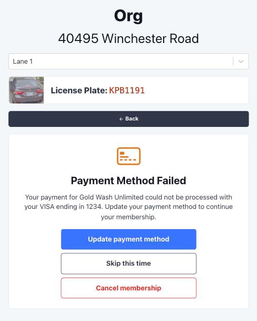 Payment Method Failed prompt with three options