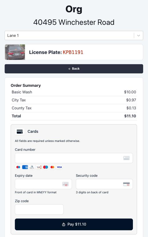 Order summary and payment form for a single wash