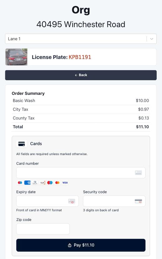 Order summary and payment form for a single wash