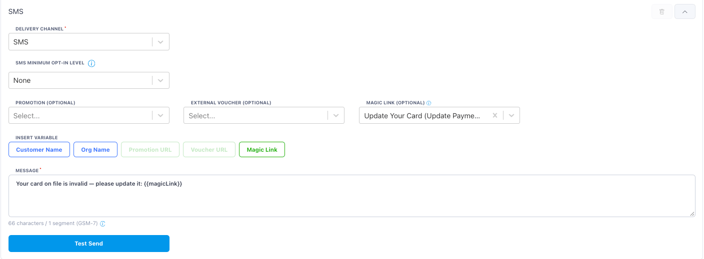SMS channel with a magic link selected