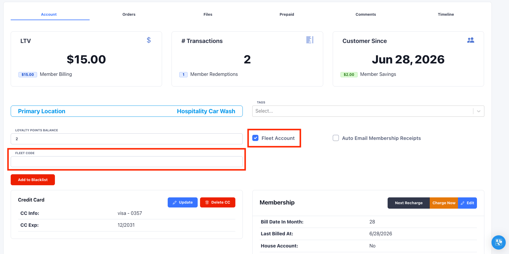 Fleet Account and Fleet Code on a customer profile