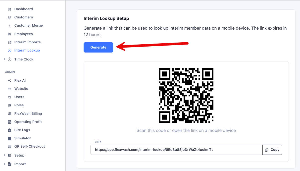 Interim Lookup Setup with the generated QR code and link