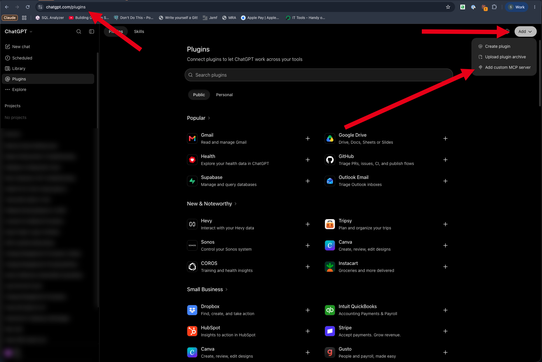 Add a custom MCP server from the Plugins page