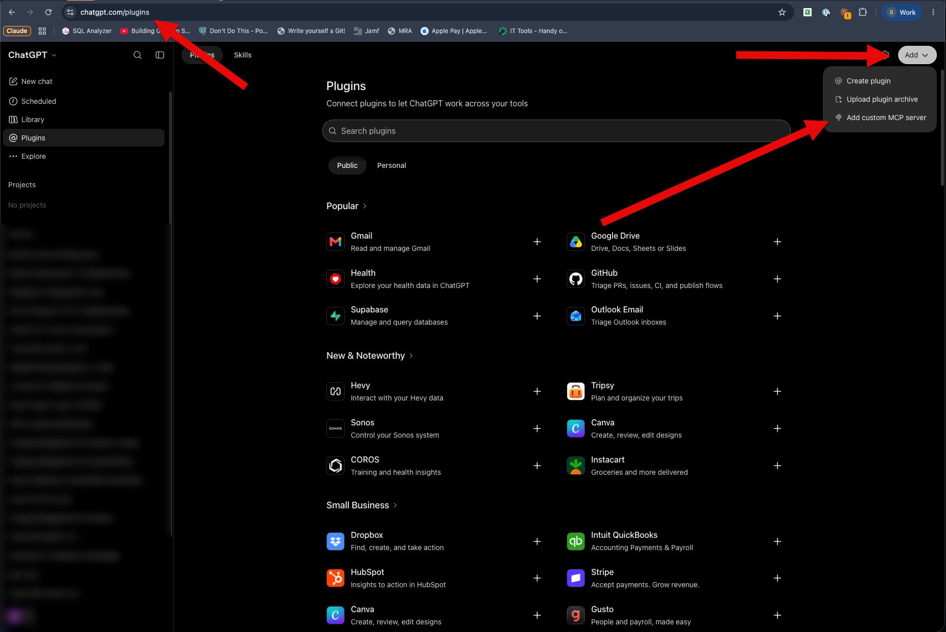 Add a custom MCP server from the Plugins page