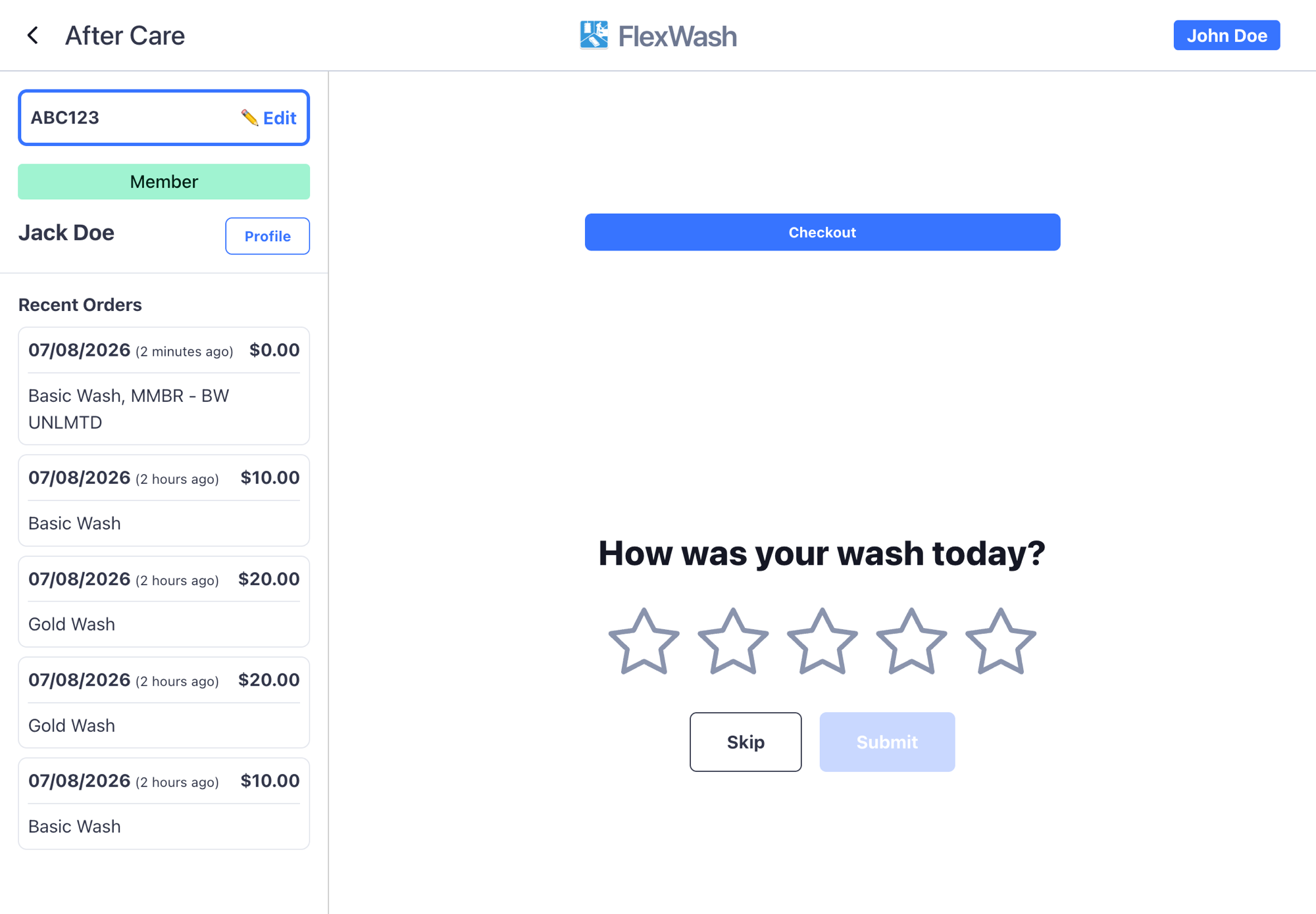 The After Care survey screen, showing the customer panel on the left and the rating panel on the right