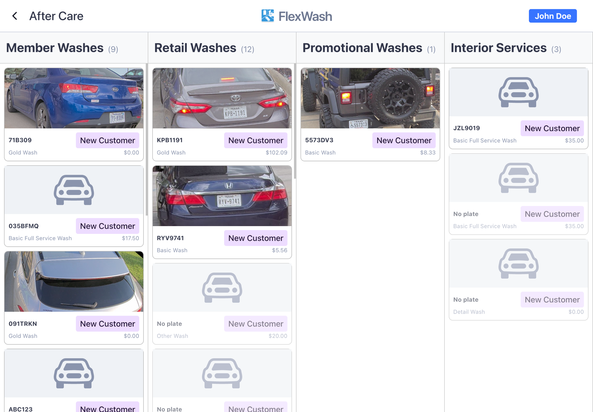 The After Care vehicle list, grouped into Member Washes, Retail Washes, Promotional Washes, and Interior Services