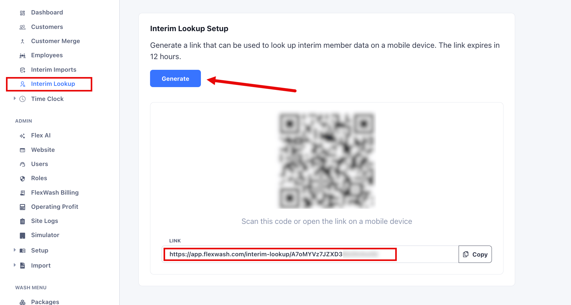 Interim Lookup Setup with the generated QR code and link