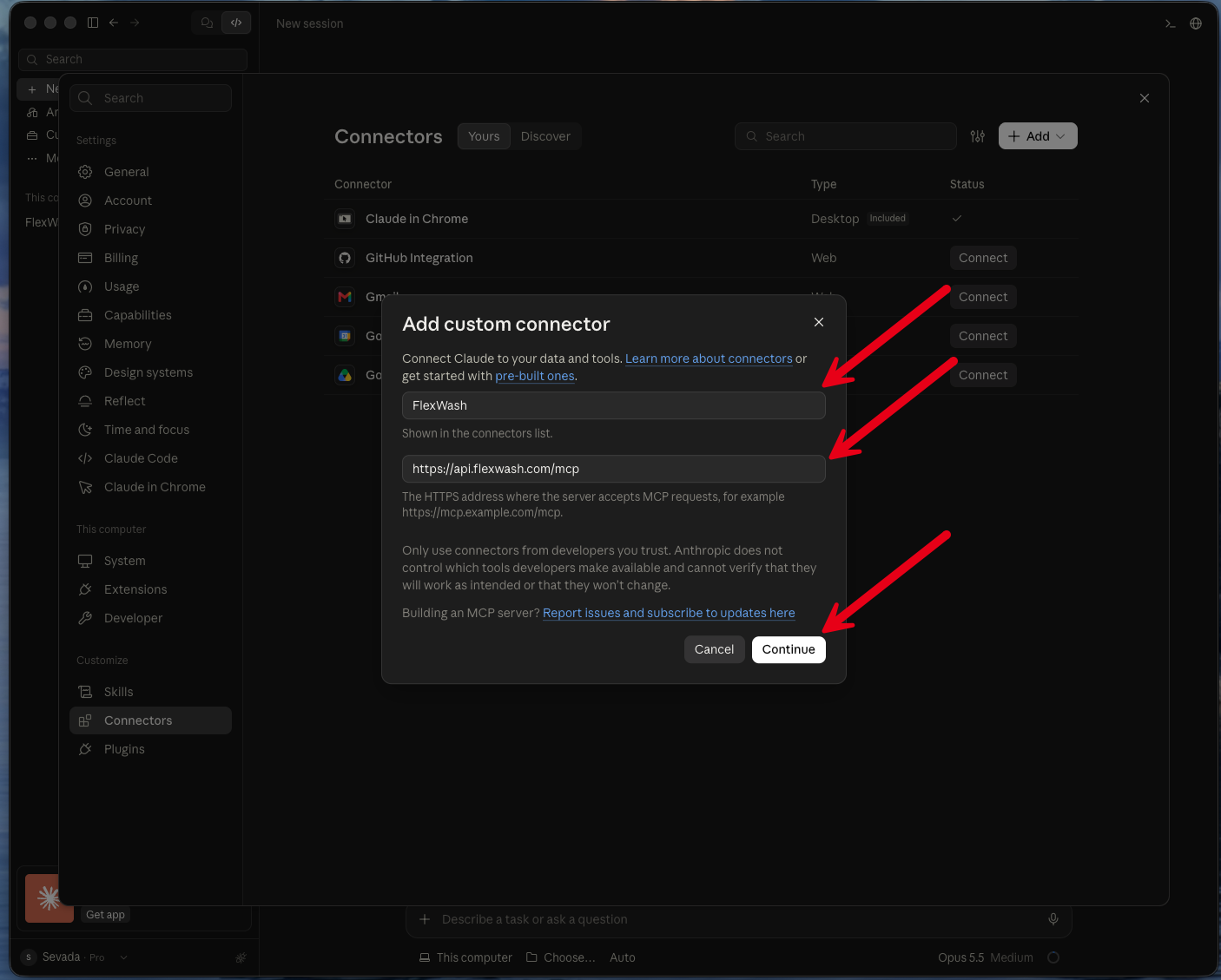 Name and URL for the FlexWash connector