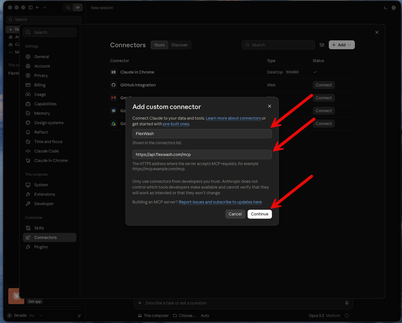 Name and URL for the FlexWash connector