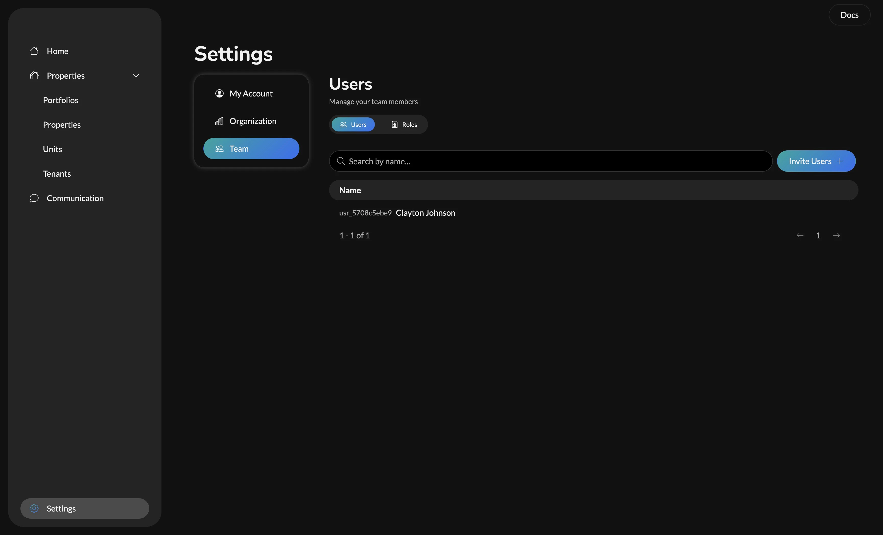 Settings Team Users