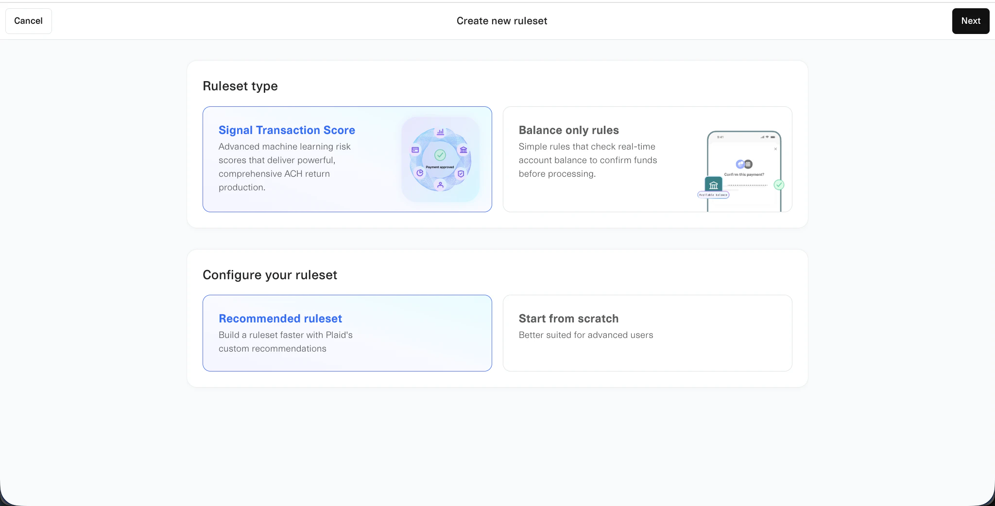 Signal ruleset type selection