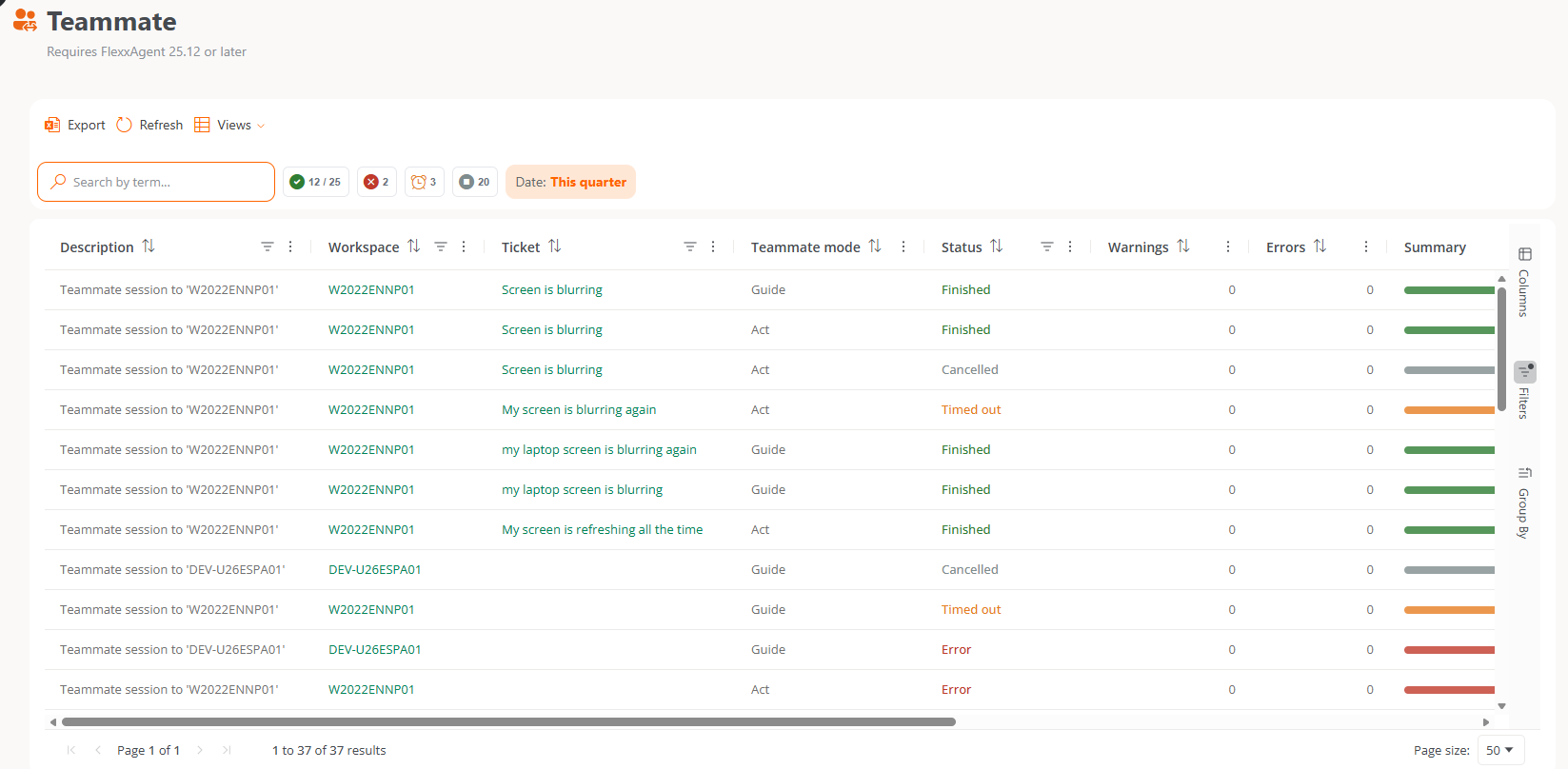 Listado de sesiones de Teammate, con workspace, ticket, modo, estado y resumen de cada sesión.