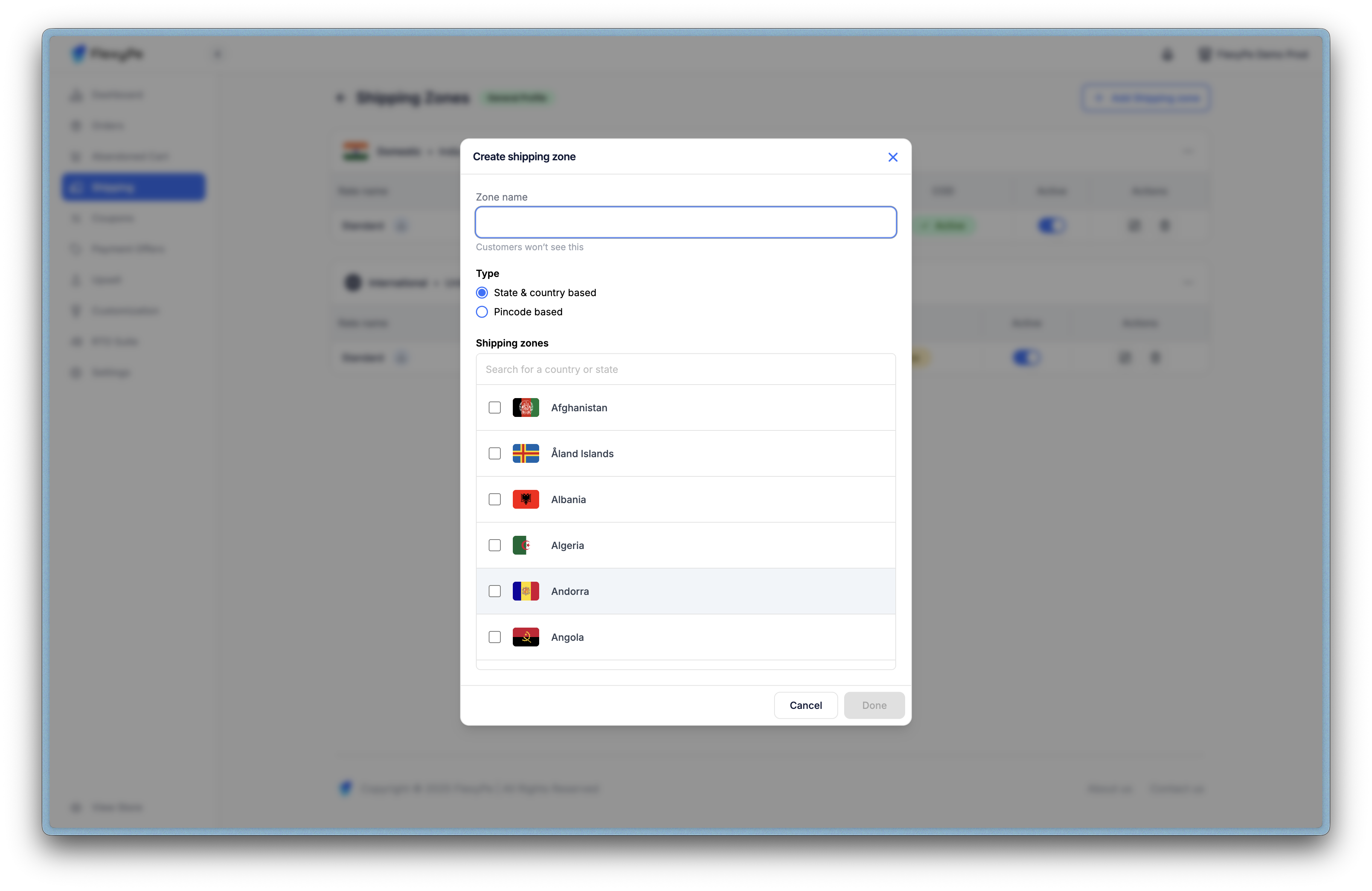 Create shipping zone modal