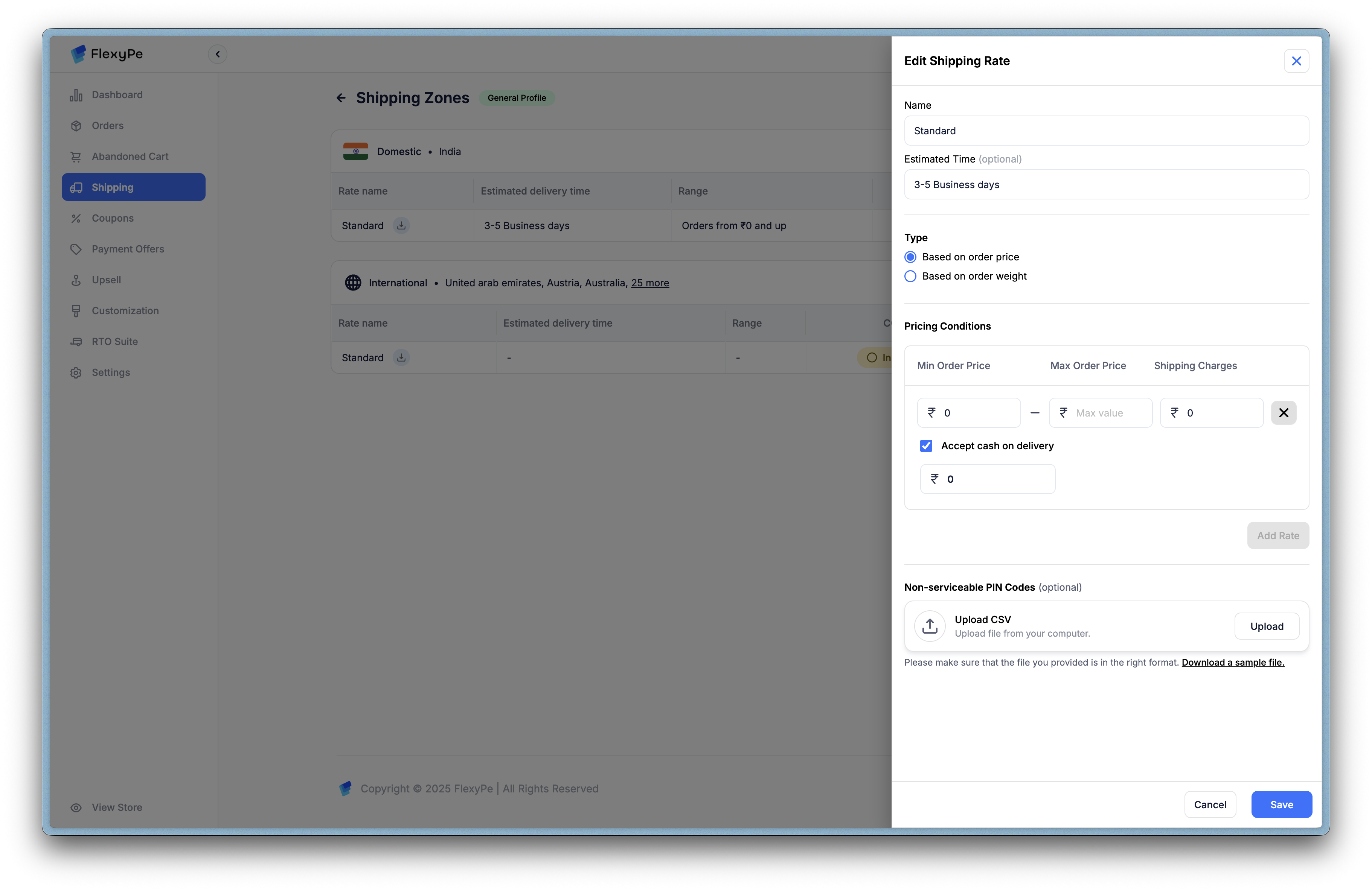 Edit shipping rate modal