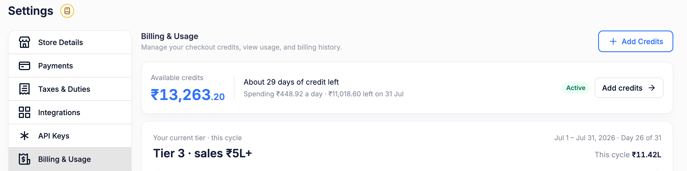 Settings navigation with Billing and Usage selected, and the Add Credits button in the top-right of the page header