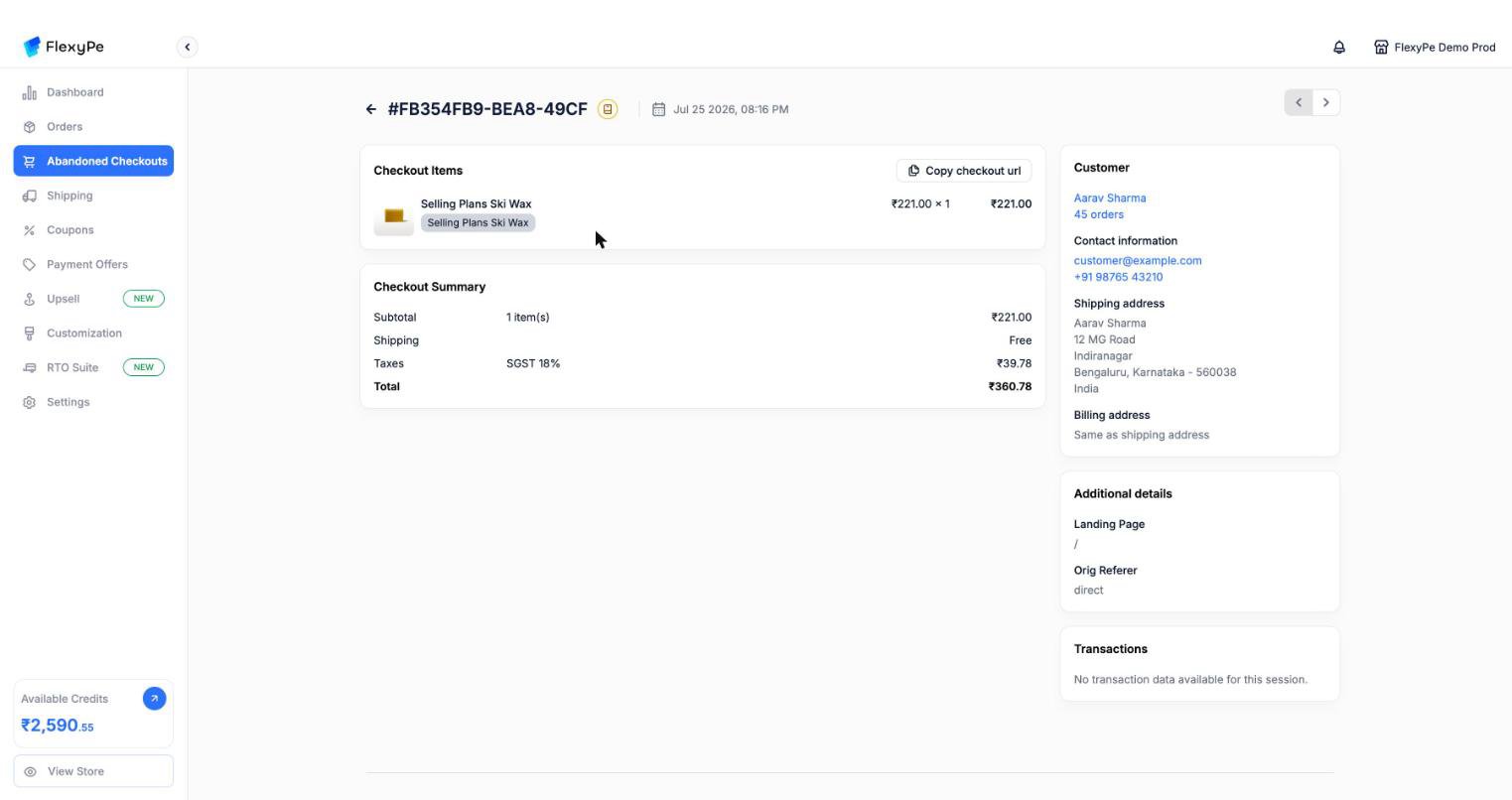 Abandoned checkout detail showing checkout items with a Copy checkout url button, checkout summary, customer contact and address panels, additional details, and an empty transactions panel