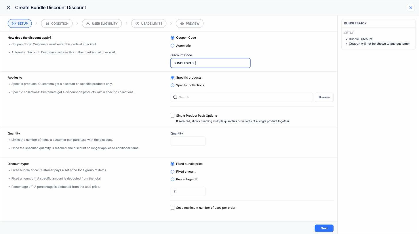 Bundle Discount setup step showing applies to specific products or collections, single product pack options, quantity, and fixed bundle price, fixed amount, or percentage off discount types