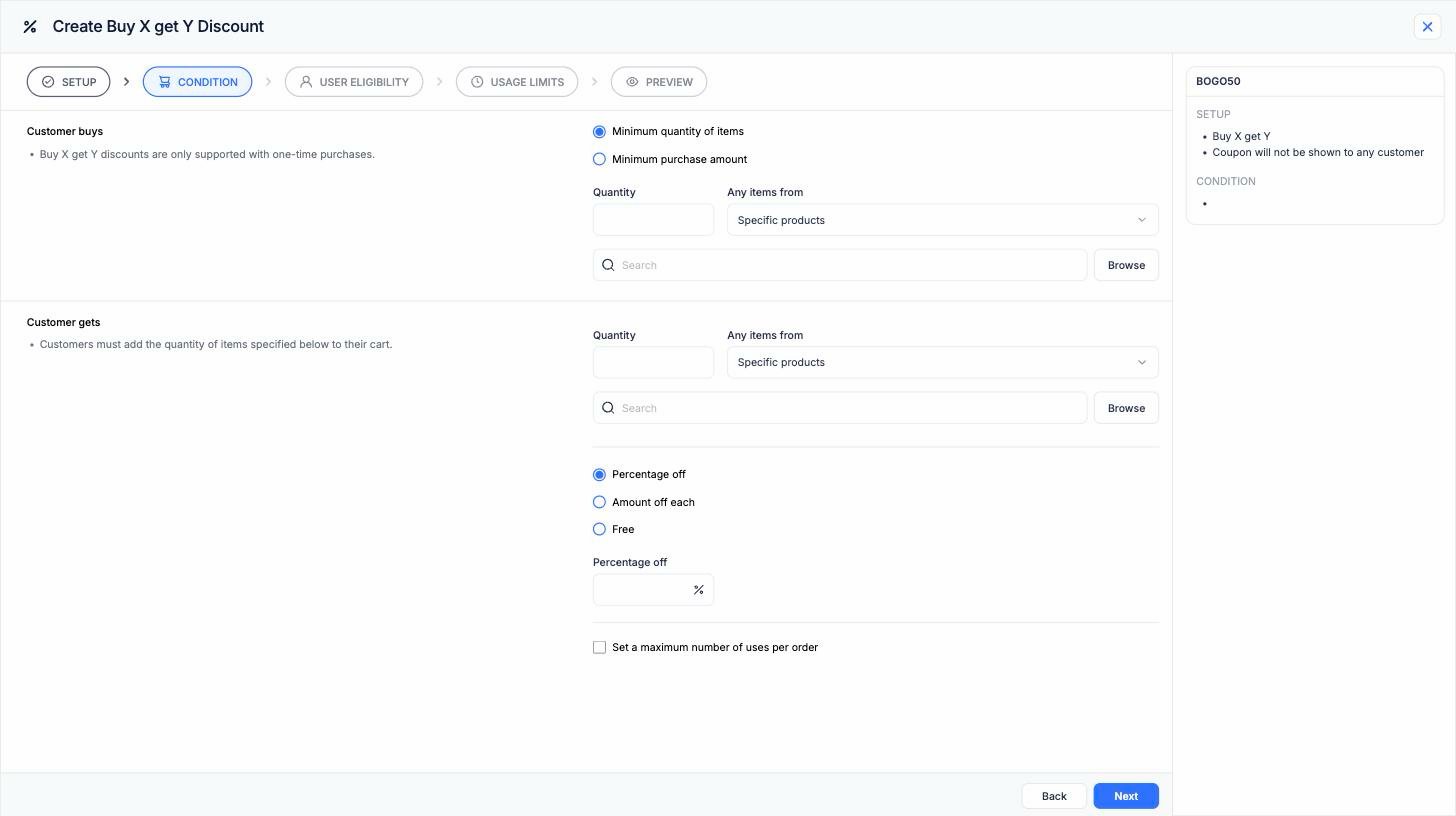 Buy X get Y condition step showing Customer buys with quantity and product scope, and Customer gets with quantity, product scope, and percentage off, amount off each, or free reward options