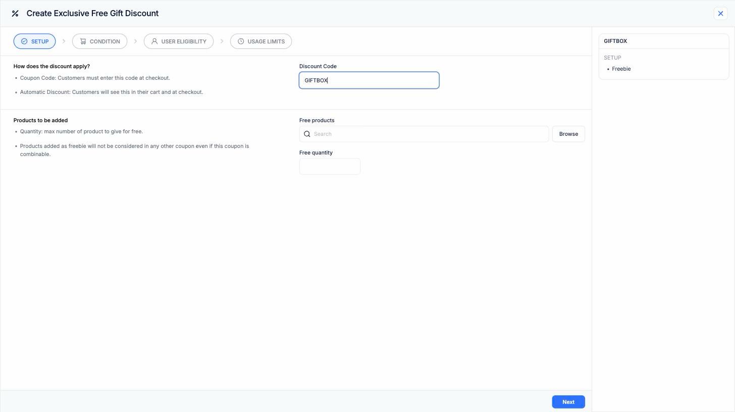 Exclusive Free Gift setup step with a four-step progress bar, a discount code field, free products picker, and free quantity field