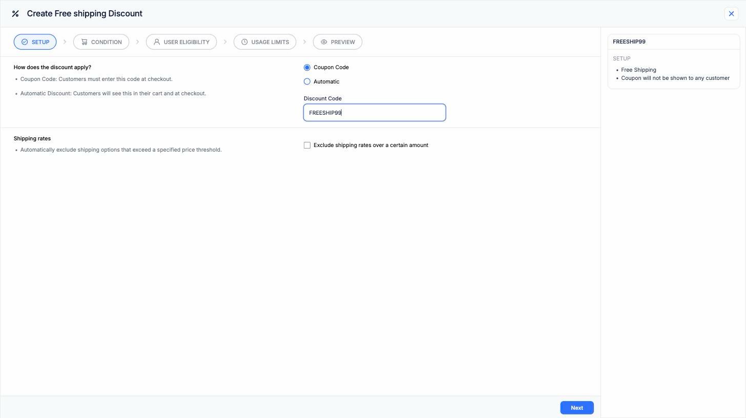 Free shipping setup step with coupon code or automatic options, discount code field, and an exclude shipping rates over a certain amount checkbox
