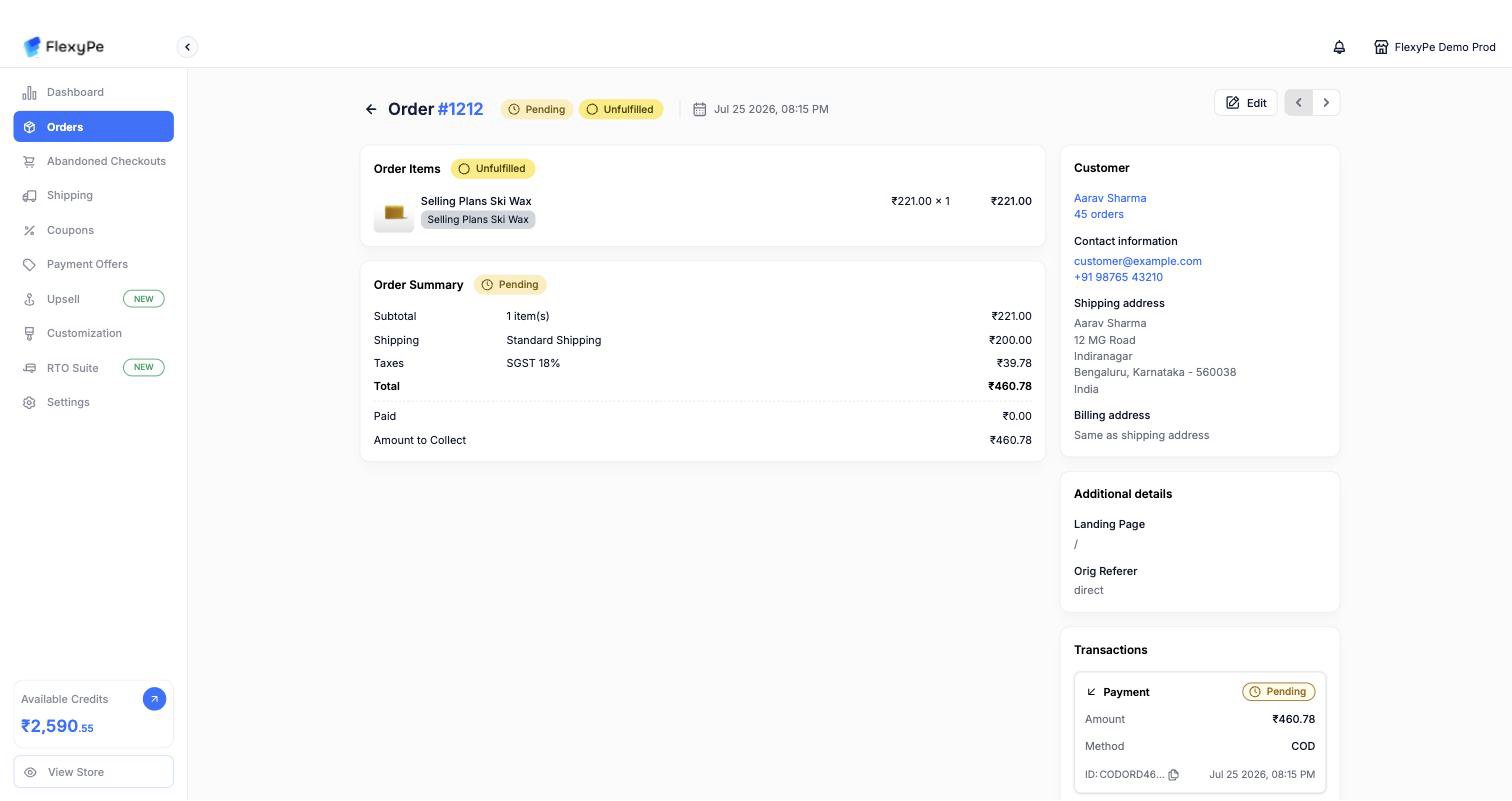Order detail page showing order items, order summary with subtotal, shipping, taxes and amount to collect, plus customer, additional details, and transactions panels