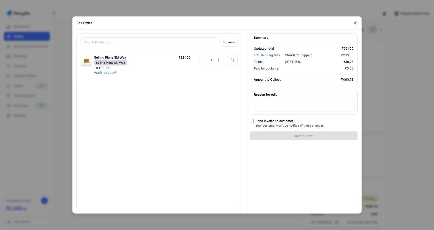 Edit Order dialog with product search, an editable line item with quantity stepper and Apply discount link, and a summary showing updated total, shipping, taxes, paid by customer, and amount to collect
