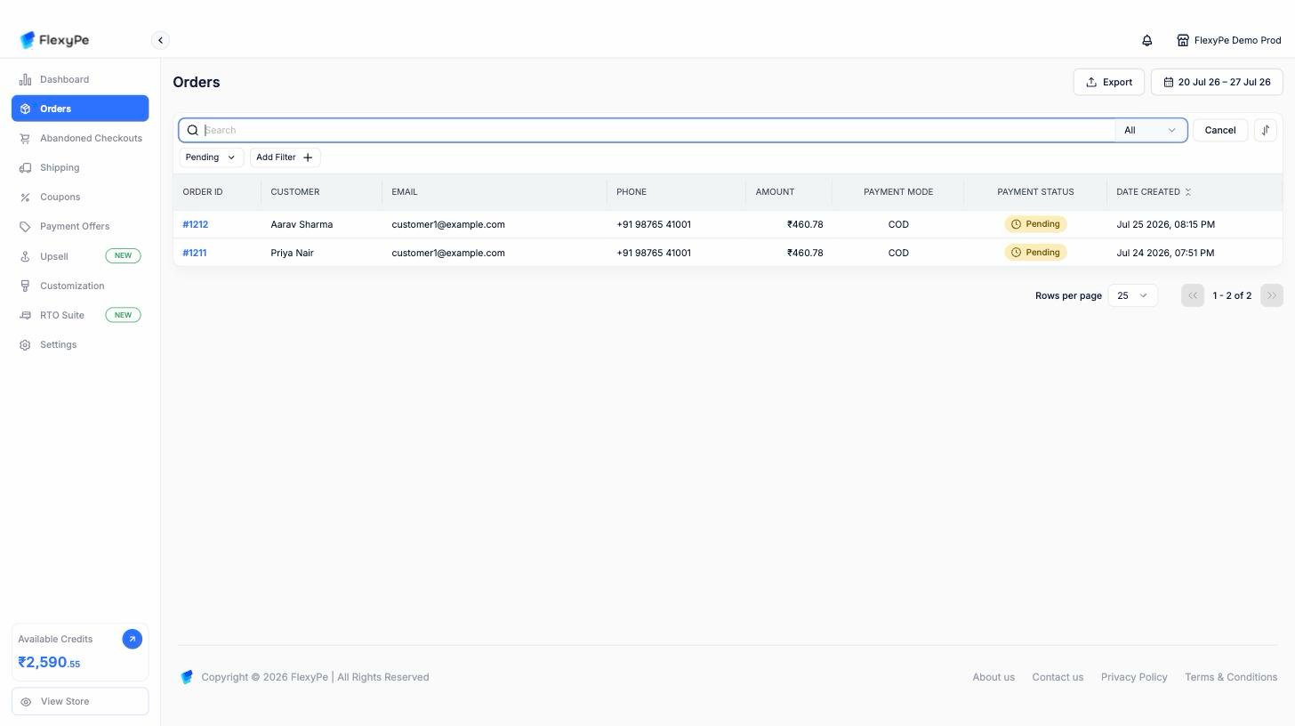 Orders page with the search bar open, a field selector set to All, a Pending payment status filter chip, and an Add Filter button