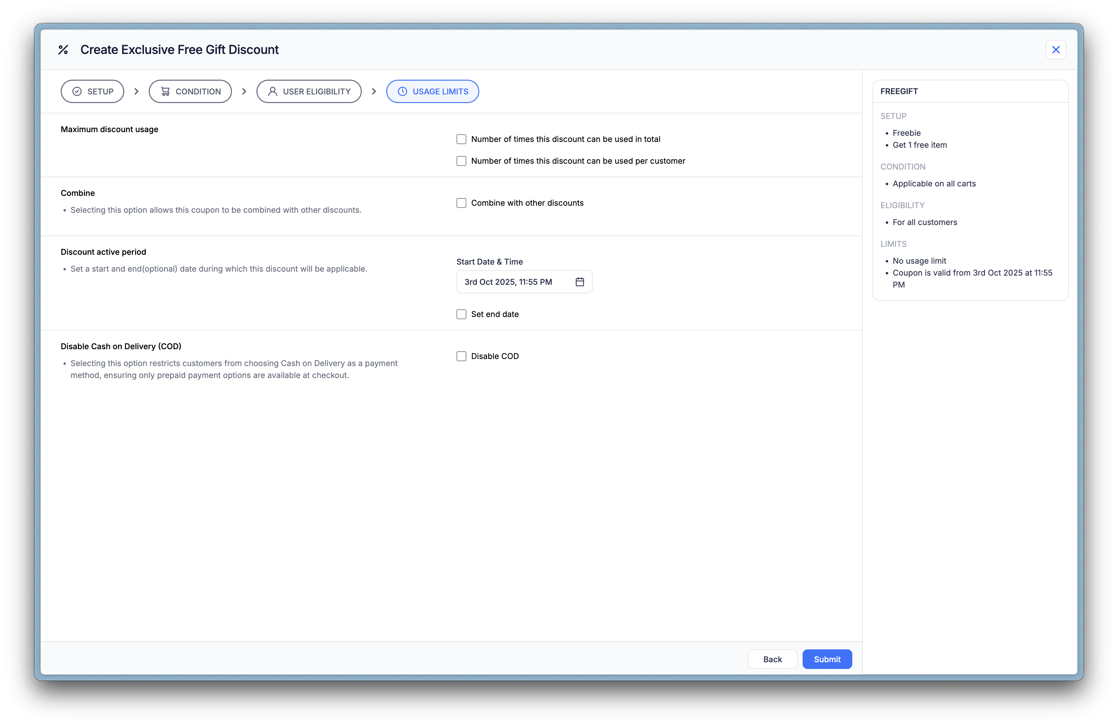 Usage limits section